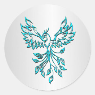 Aquamarin Blue Phoenix auf Silver Runder Aufkleber