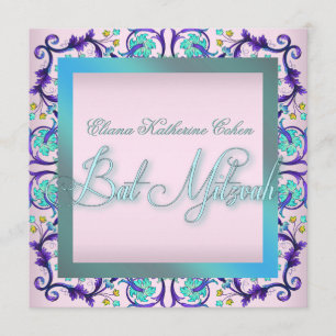 Aquamarin Blue Pink Bat Mitzvah Einladungen