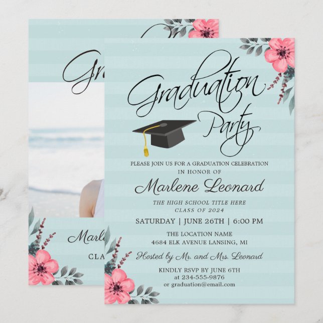 Aquamarin Blue Pink Floral Gold Script Foto Abschl Einladung (Vorne/Hinten)