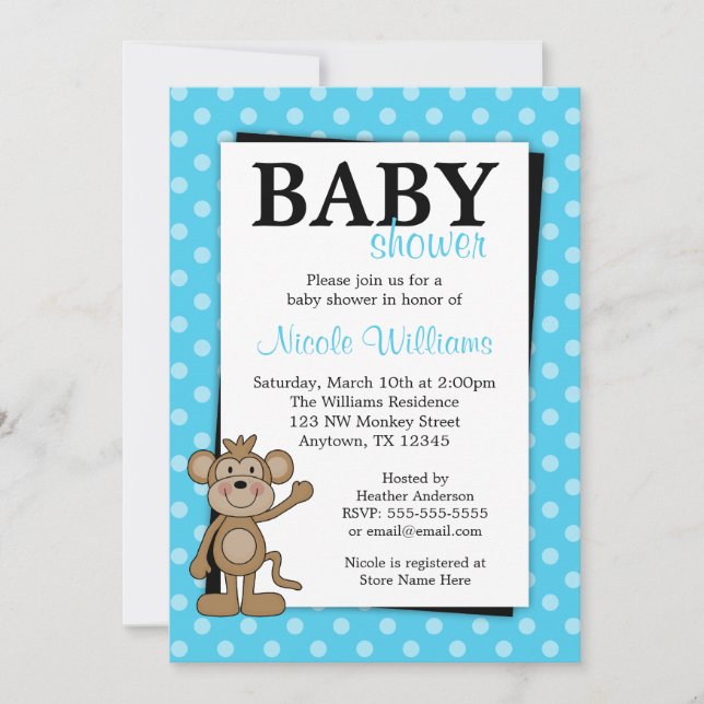 Aquamarin Blue Polka Dot Monkey Baby Dusche Einlad Einladung (Vorderseite)