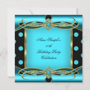 Aquamarin Blue Polka Dots Gold Black Birthday Part Einladung