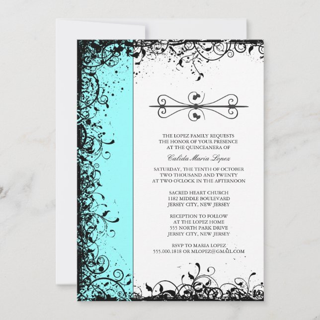 Aquamarin Blue Quinceanera Einladung (Vorderseite)