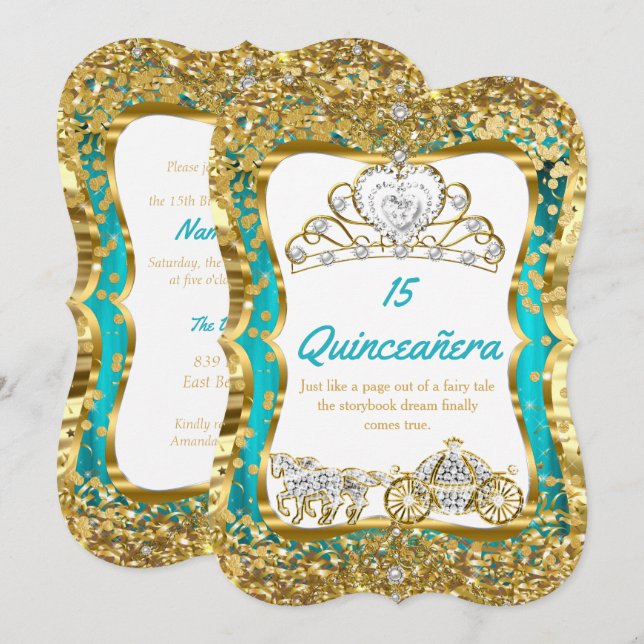 Aquamarin Blue Quinceanera Magical Tiara Gold 2 Einladung (Vorne/Hinten)