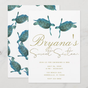 Aquamarin Blue Sea Turtles Beach Gold Sweet 16 Par Einladung