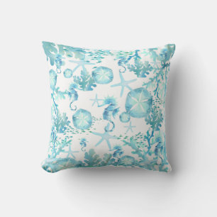 Aquamarin Blue Seepferd Sanddollar Seashell Coral Kissen