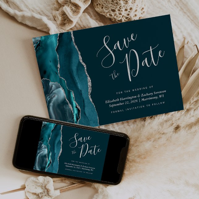 Aquamarin Blue Silver Agate Save the Date Card Einladung (Von Creator hochgeladen)