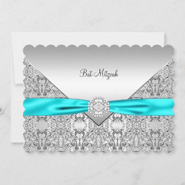 Aquamarin Blue Silver Aquamarin Bat Mitzvah Einladung (Vorderseite)