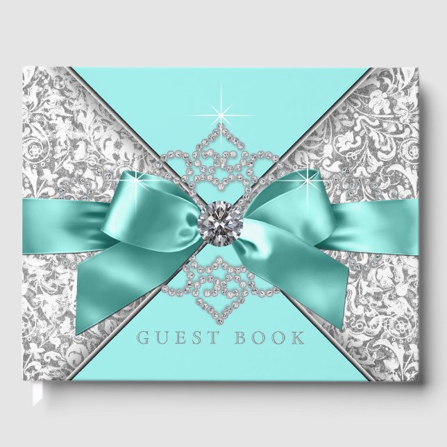 Aquamarin Blue Silver Birthday Party Wedding Gäste Gästebuch (Vorderseite)