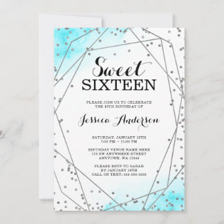 Aquamarin Blue Silver Glitzer Geometric Sweet 16 Einladung