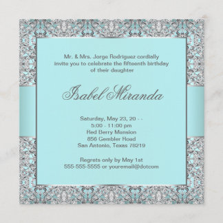Aquamarin Blue Silver Lace Quinceanera Einladung