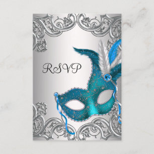 Aquamarin Blue Silver Mask Masquerade Party UAWG RSVP Karte