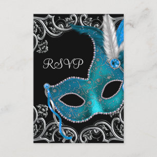 Aquamarin Blue Silver Mask Masquerade Party UAWG RSVP Karte