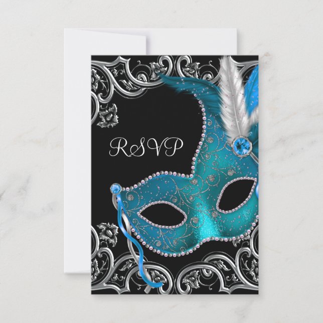 Aquamarin Blue Silver Mask Masquerade Party UAWG RSVP Karte (Vorderseite)