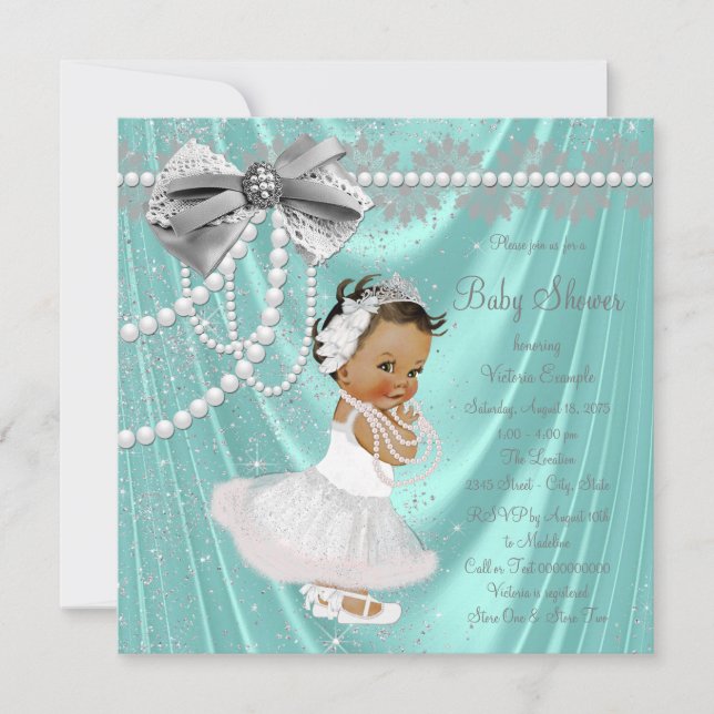 Aquamarin Blue Silver Satin Pearl Ethnic Baby Dusc Einladung (Vorderseite)