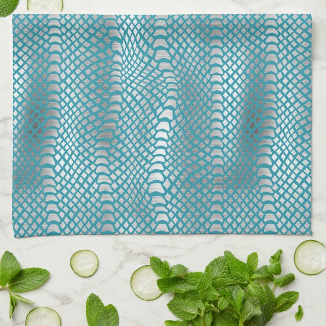 Aquamarin Blue Silver Schlange Print Geschirrtuch (Gefaltet)