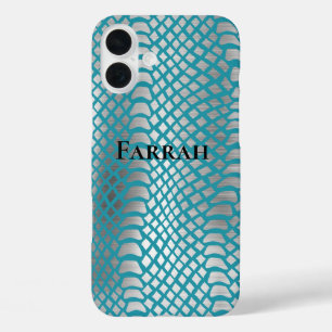 Aquamarin Blue Silver Schlange Print iPhone 16 Plus Hülle