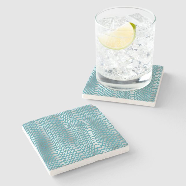 Aquamarin Blue Silver Schlange Print Steinuntersetzer (Seitenansicht)