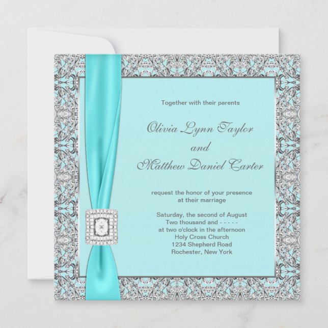 Aquamarin Blue Silver Wedding Einladung (Vorderseite)