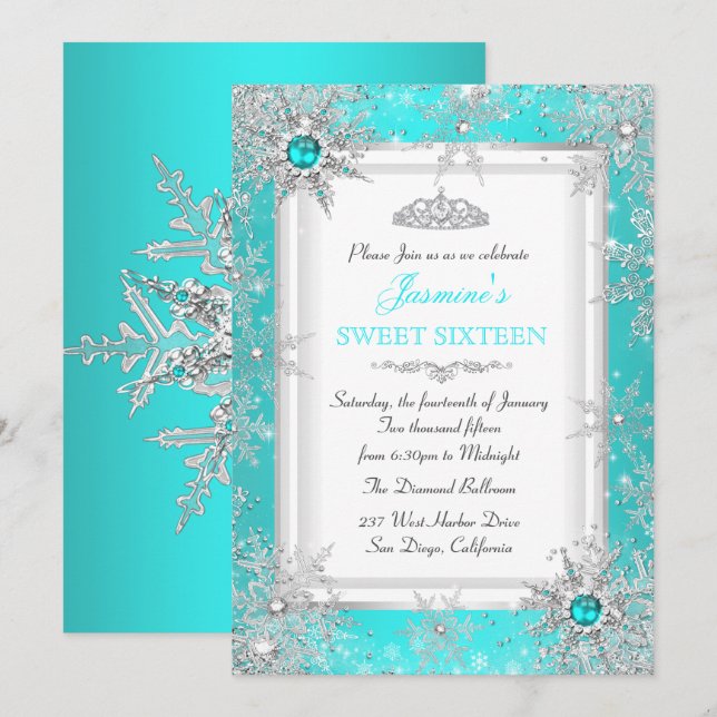 Aquamarin Blue Silver Winter Wonderland Sweet 16 P Einladung (Vorne/Hinten)