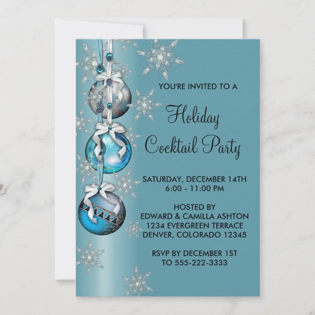 Aquamarin Blue Snowflakes Ornamente Party Einladung (Vorderseite)