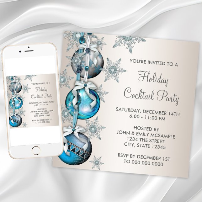Aquamarin Blue Snowflakes Ornamente Party Einladung (Teal Blue Snowflakes Ornaments Christmas Party Invitation. Any occasion. Download and printed.)