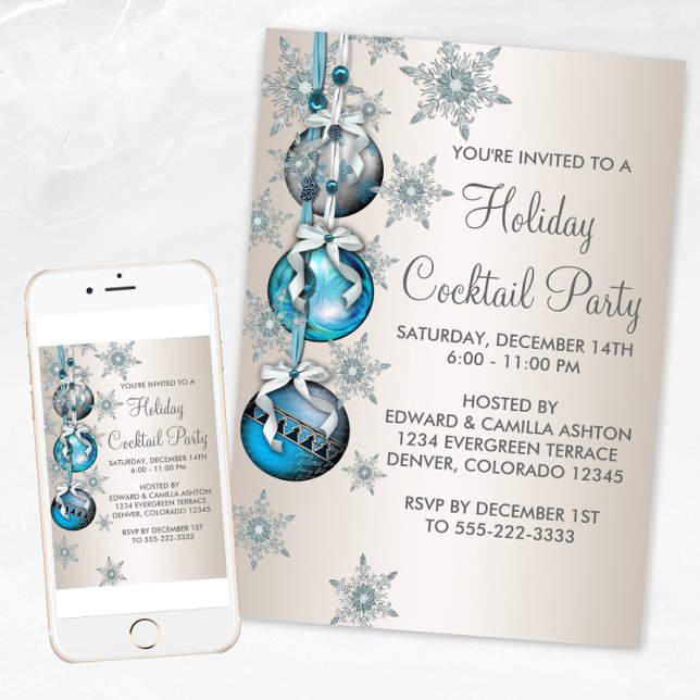 Aquamarin Blue Snowflakes Ornamente Party Einladung (Teal blue snowflakes ornament Christmas party invitation. Available for print and instant download.)