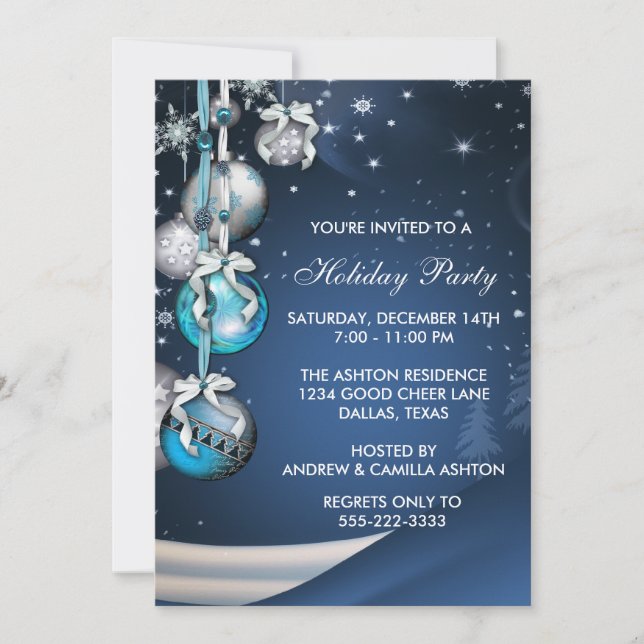 Aquamarin Blue Snowflakes Ornamente Party Einladung (Vorderseite)