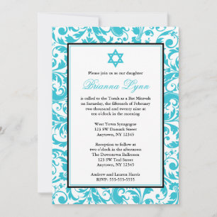 Aquamarin Blue Swirl Damask Bat Mitzvah Einladunge Einladung