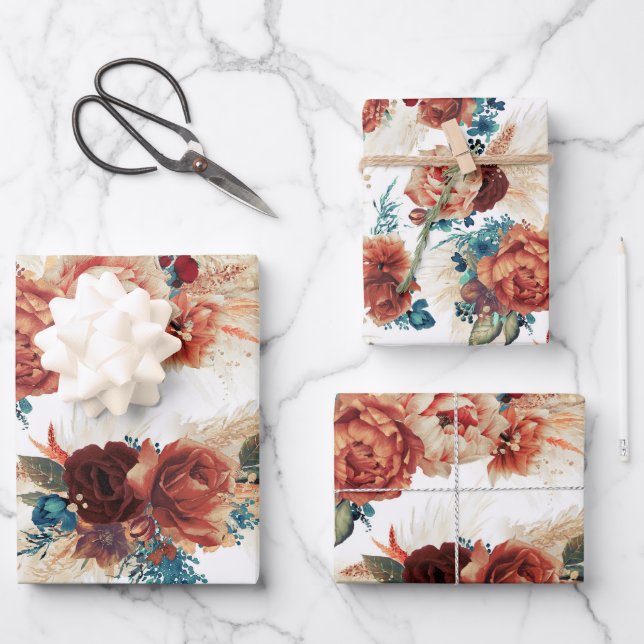 Aquamarin Blue Terracotta Floral Pampas Grass Bota Geschenkpapier Set (Vorderseite)