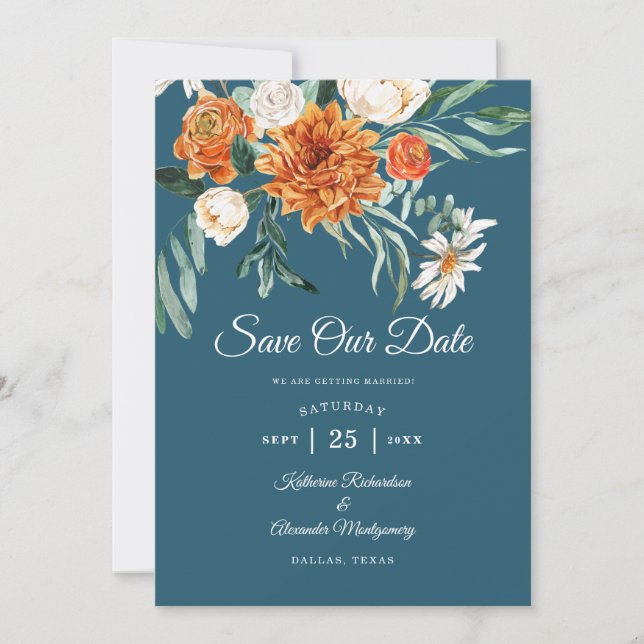 Aquamarin Blue Terracotta Herbst Foto Hochzeit Save The Date (Vorderseite)