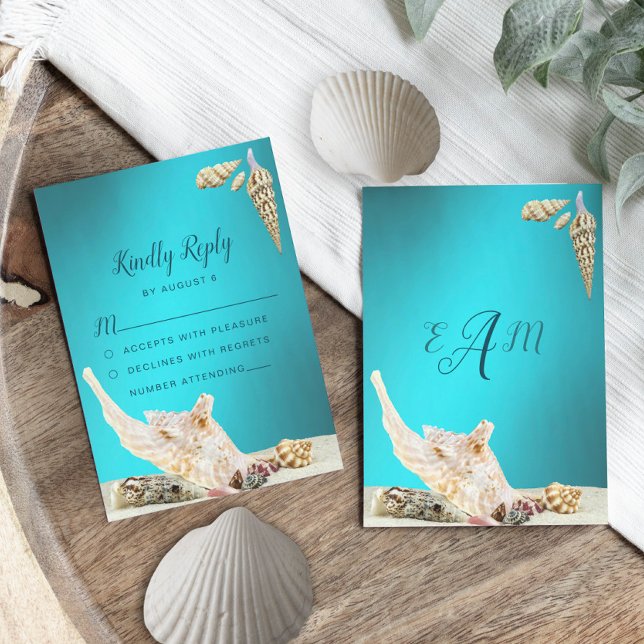Aquamarin Blue Türkise Seashell Beach Wedding RSVP Karte (Von Creator hochgeladen)