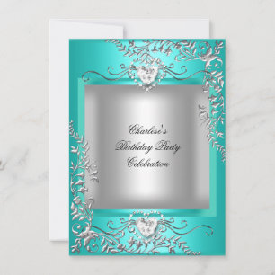 Aquamarin Blue Turquoise Silver Birthday Party Einladung