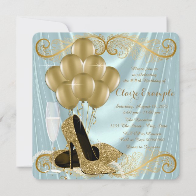 Aquamarin Blue und Gold Geburtstagsparty Glamour S Einladung (Vorderseite)
