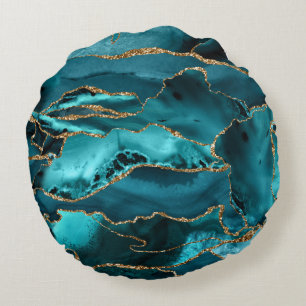 Aquamarin Blue und Gold Glitzer Agate Rundes Kissen