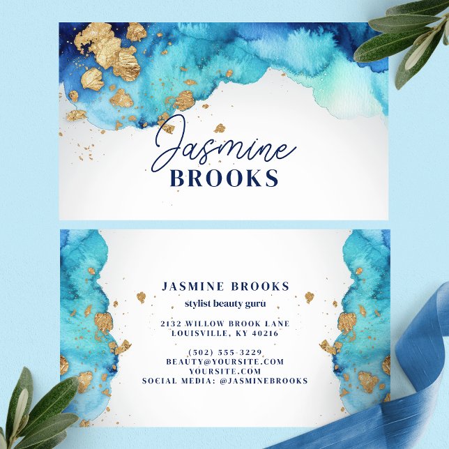 Aquamarin Blue und Gold Luxury Watercolor Visitenkarte (Von Creator hochgeladen)
