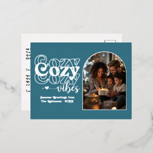Aquamarin Blue und Silver Cosy Vibes Retro Weihnac Folien Feiertagspostkarte