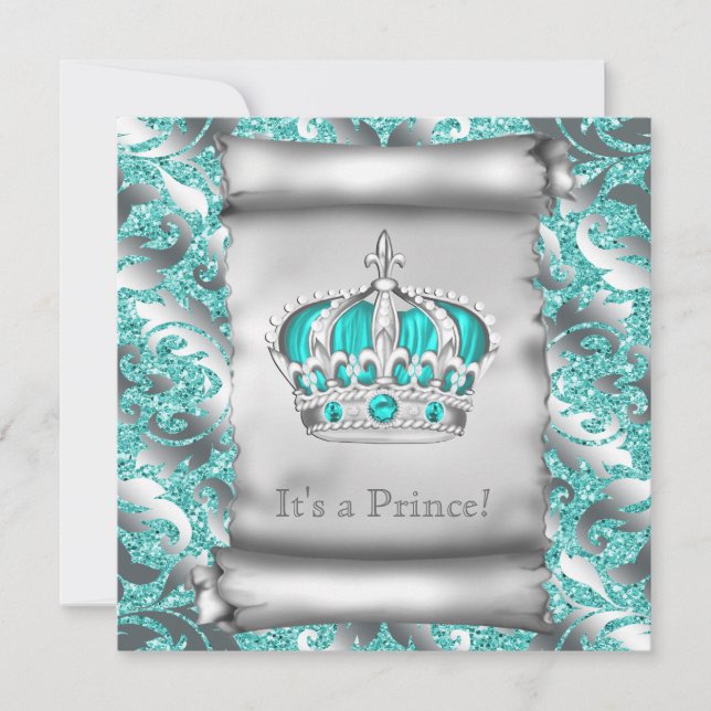 Aquamarin Blue und Silver Prince Boy Baby Dusche Einladung (Vorderseite)