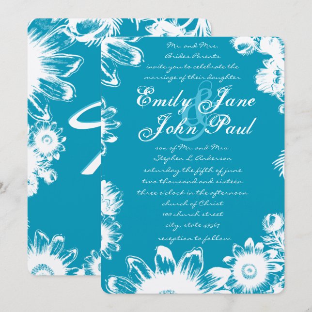 Aquamarin Blue Vintag Wildblume Hochzeitseinladung Einladung (Vorne/Hinten)