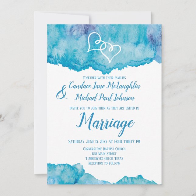 Aquamarin Blue Watercolor Doppelherzen Hochzeit Einladung (Vorderseite)
