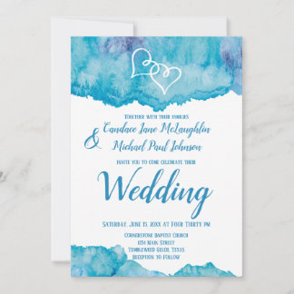 Aquamarin Blue Watercolor Doppelherzen Hochzeit Einladung