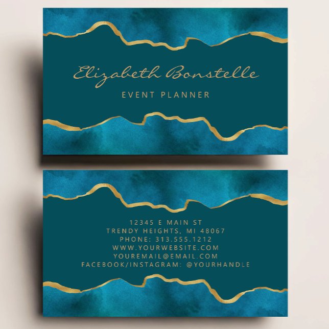 Aquamarin Blue Watercolor Gold Foil Luxus Visitenkarte (Von Creator hochgeladen)
