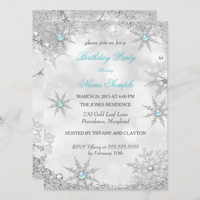 Aquamarin Blue Winter Wonderland Birthday Party Einladung (Vorne/Hinten)