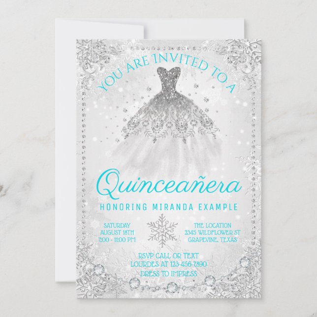 Aquamarin Blue Winter Wonderland Quinceanera Einladung (Vorderseite)