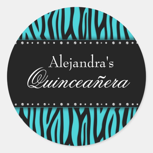 Aquamarin Blue Zebra Diamonds Quinceanera Runder Aufkleber (Vorderseite)