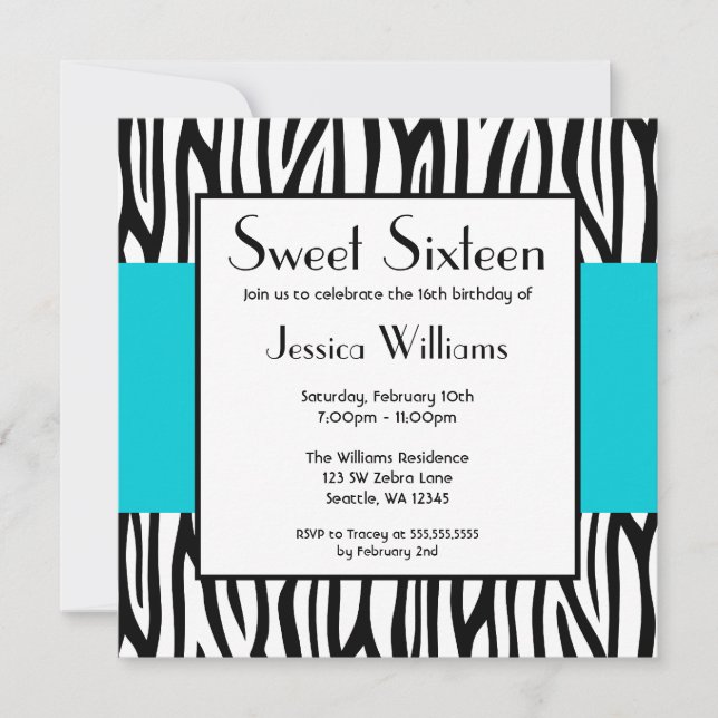 Aquamarin Blue Zebra Modern Sweet 16 Einladungen (Vorderseite)