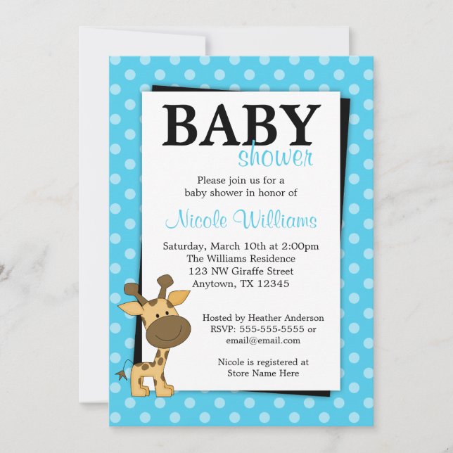 Aquamarin BluePolka Dot Giraffe Babydusche Einladu Einladung (Vorderseite)