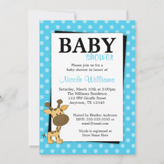 Aquamarin BluePolka Dot Giraffe Babydusche Einladu Einladung
