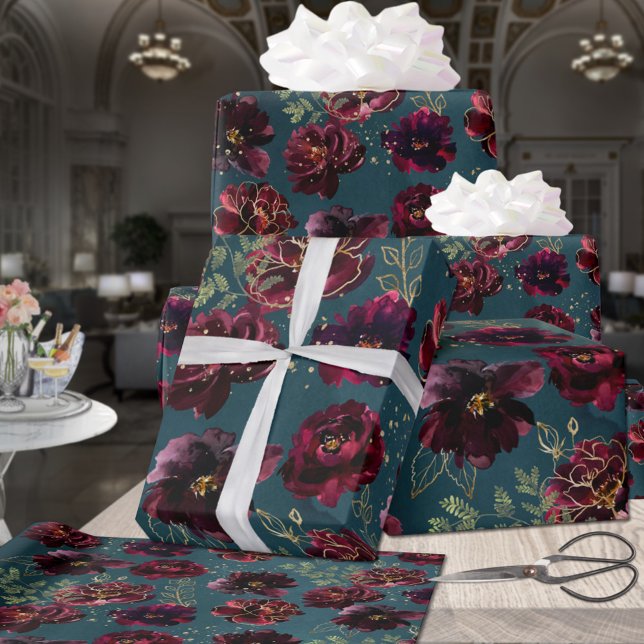 Aquamarin Bordeaux Jewel Tone Burgundy Peony Weddi Geschenkpapier (Von Creator hochgeladen)