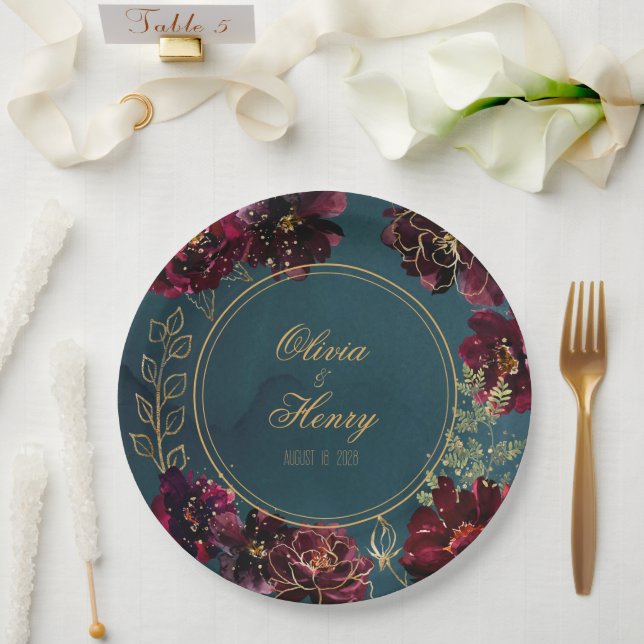 Aquamarin Bordeaux Jewel Tones Wedding Pappteller (Hochzeit)