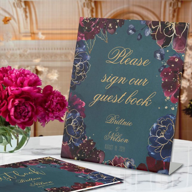 Aquamarin Bordeaux Sapphire Jewel Tone Gästebuch Sockelschild (Teal Bordeaux Sapphire Jewel Tone Guest Book Pedestal Sign)